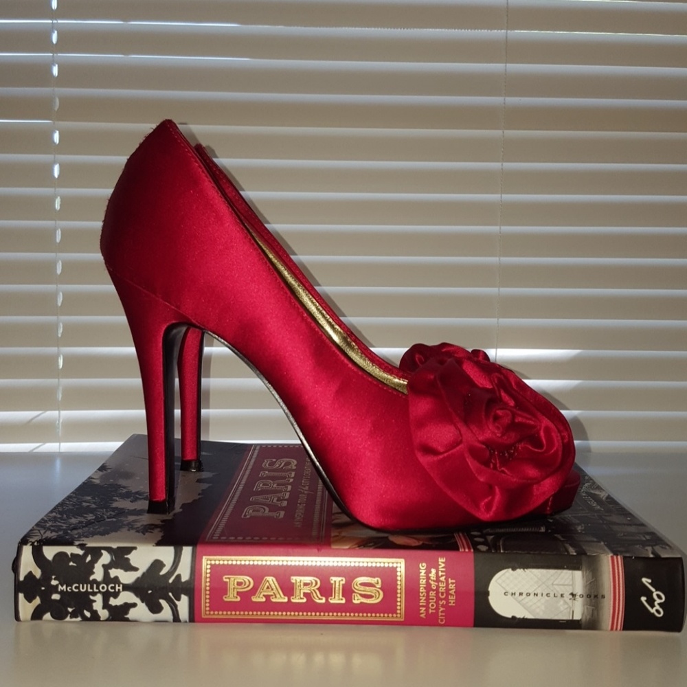 Red peep toe heels